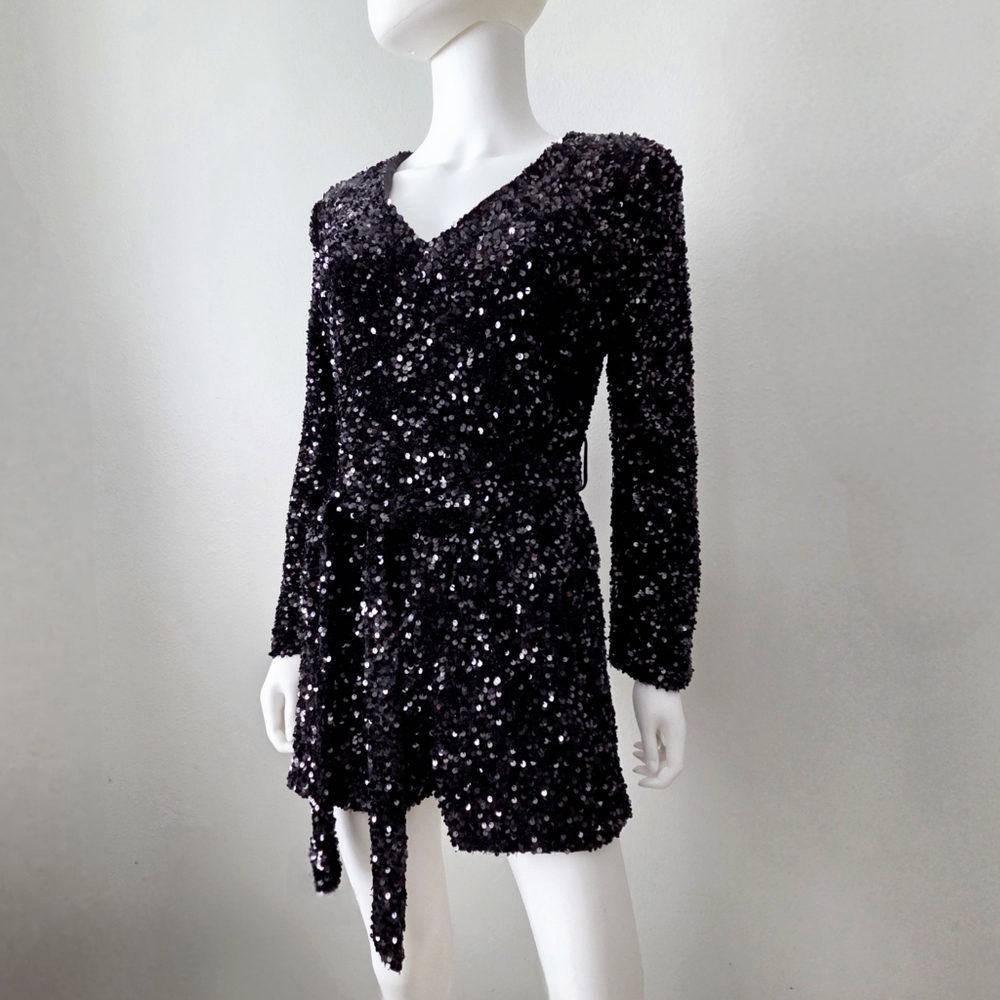 Black Sequin Long Sleeve Romper With V-Neckline & Removable Belt, Size Small